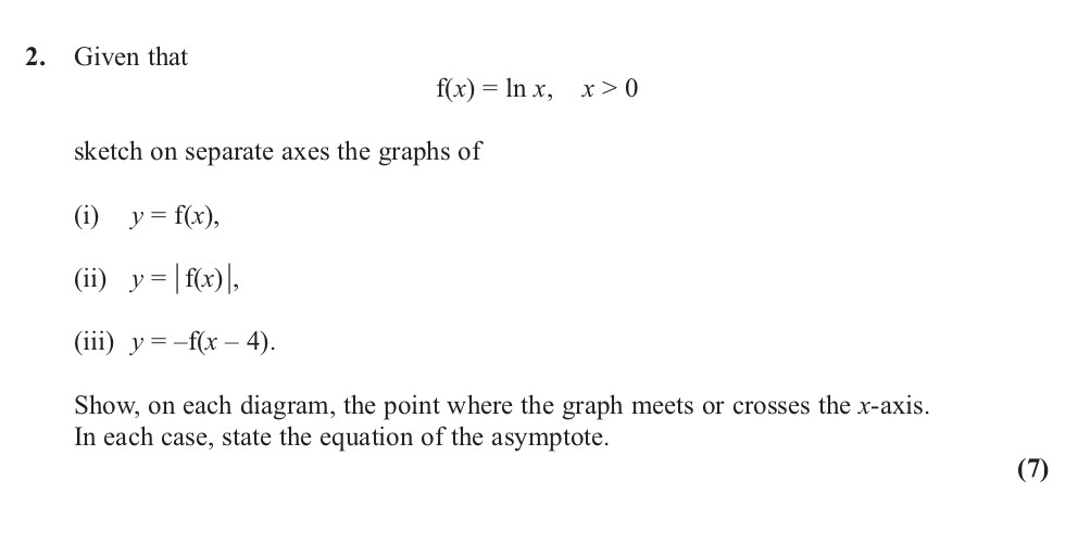 Given-that---f(x)-=-ln-x,--x->-0---sketch-on-separate-axes-the-graphs-of---(i)--y-=-f(x),---(ii)--y-=-|f(x)|,---(iii)--y-=--f(x---4)-Edexcel-A-Level Maths Pure-Question 2-2013-Paper 7.png